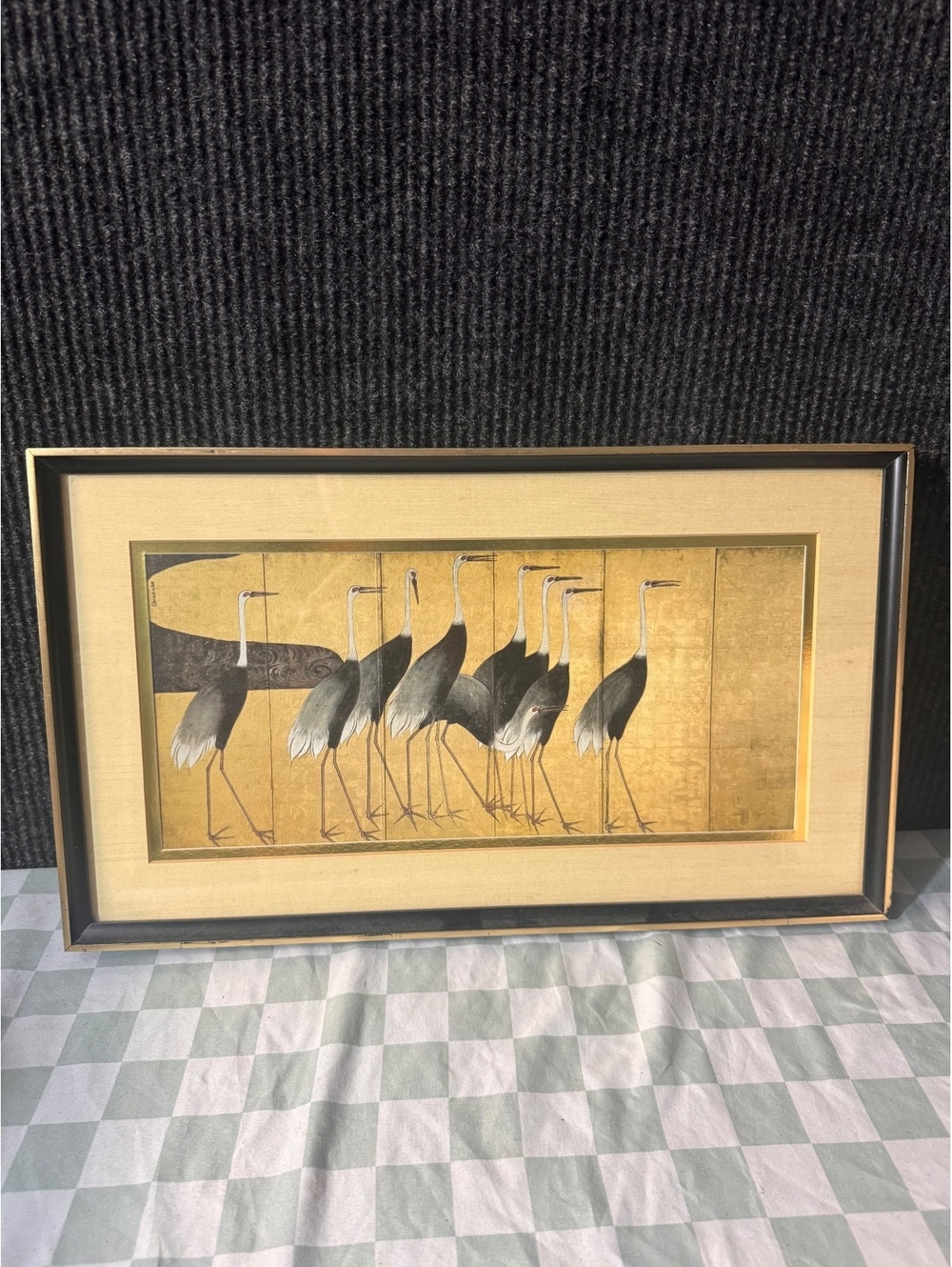 Framed Japanese Crane Art Print with Gold Background